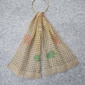 Vintage 70s Sheer Scarf Women Beige Polka Dot Daisy Floral Whimsy Cottage 12x44